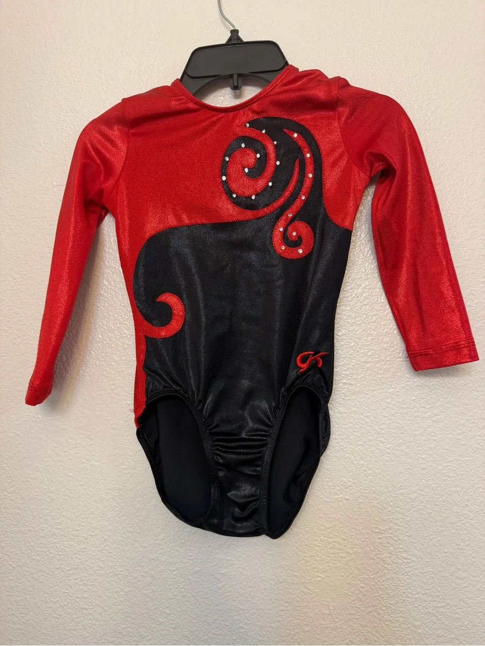 GK elite gymnastics competition leotard long sleeve red black crystals MC-Medium